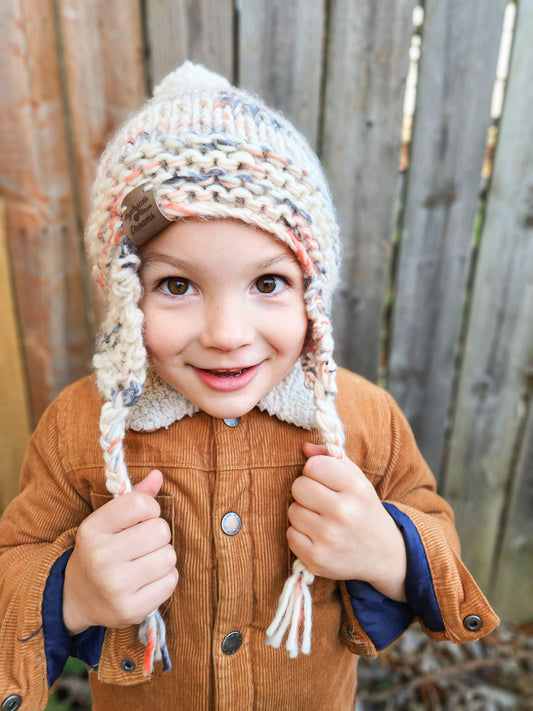 Hand Knit, Ear-Flap Toddler and Kids Hat with Yarn Pom Pom in {The Rockies}