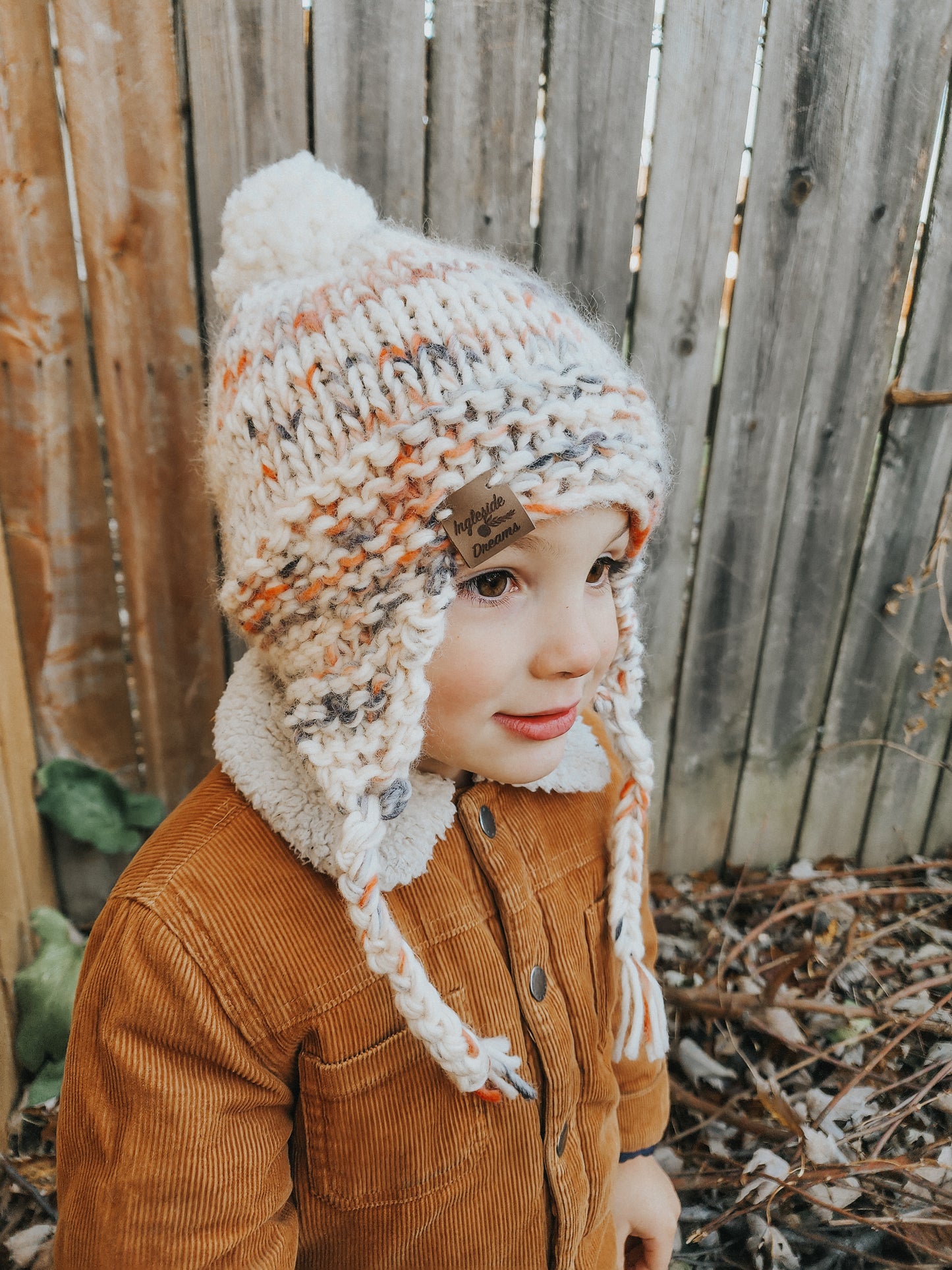 Hand Knit, Ear-Flap Toddler and Kids Hat with Yarn Pom Pom in {The Rockies}