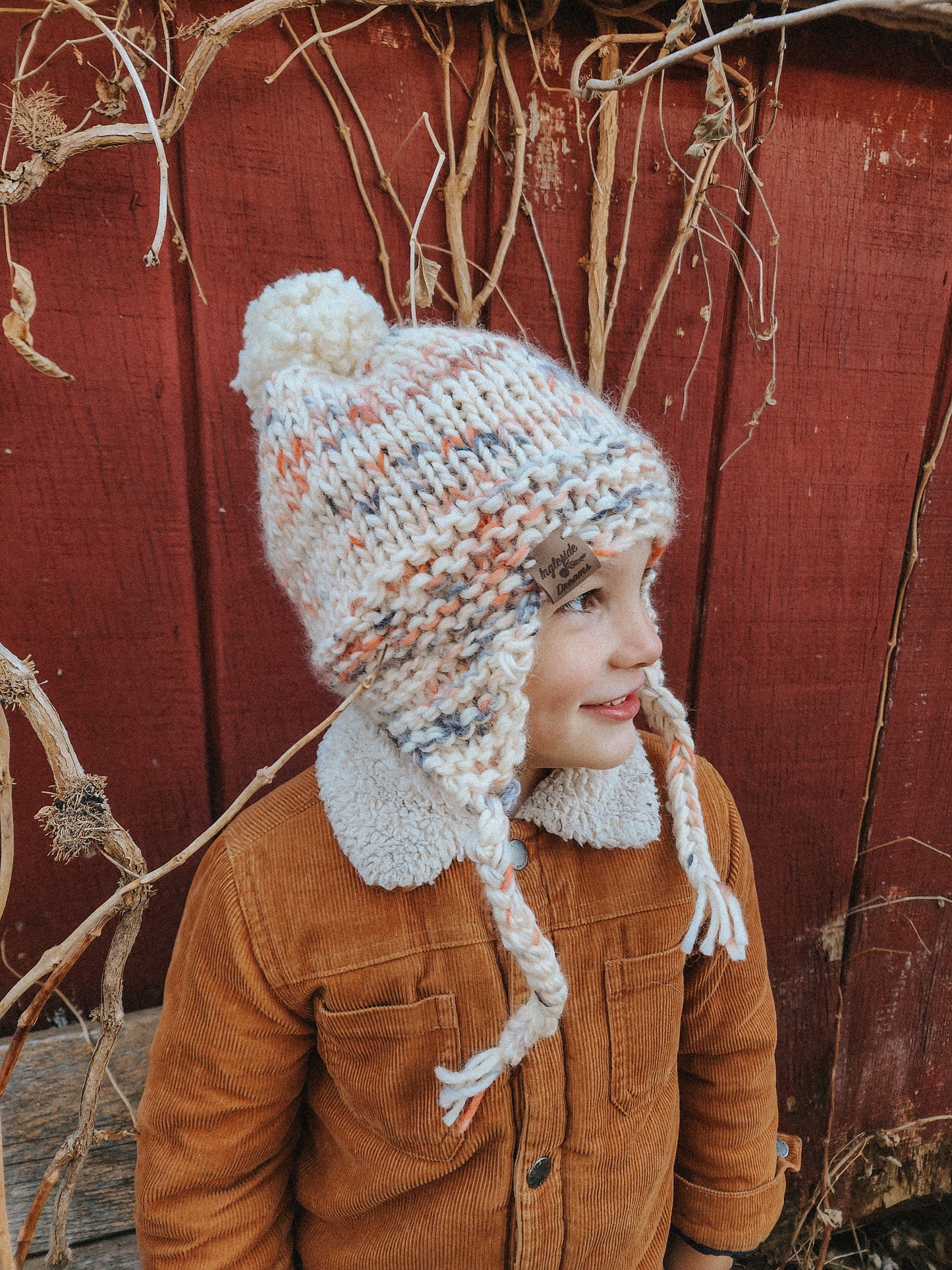 Hand Knit, Ear-Flap Toddler and Kids Hat with Yarn Pom Pom in {The Rockies}