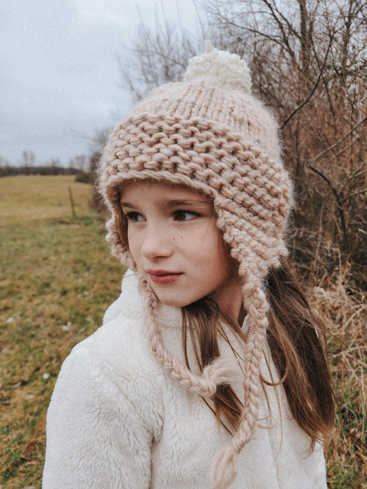 Hand Knit, Ear-Flap Toddler and Kids Hat with Yarn Pom Pom in {Pink Agate}