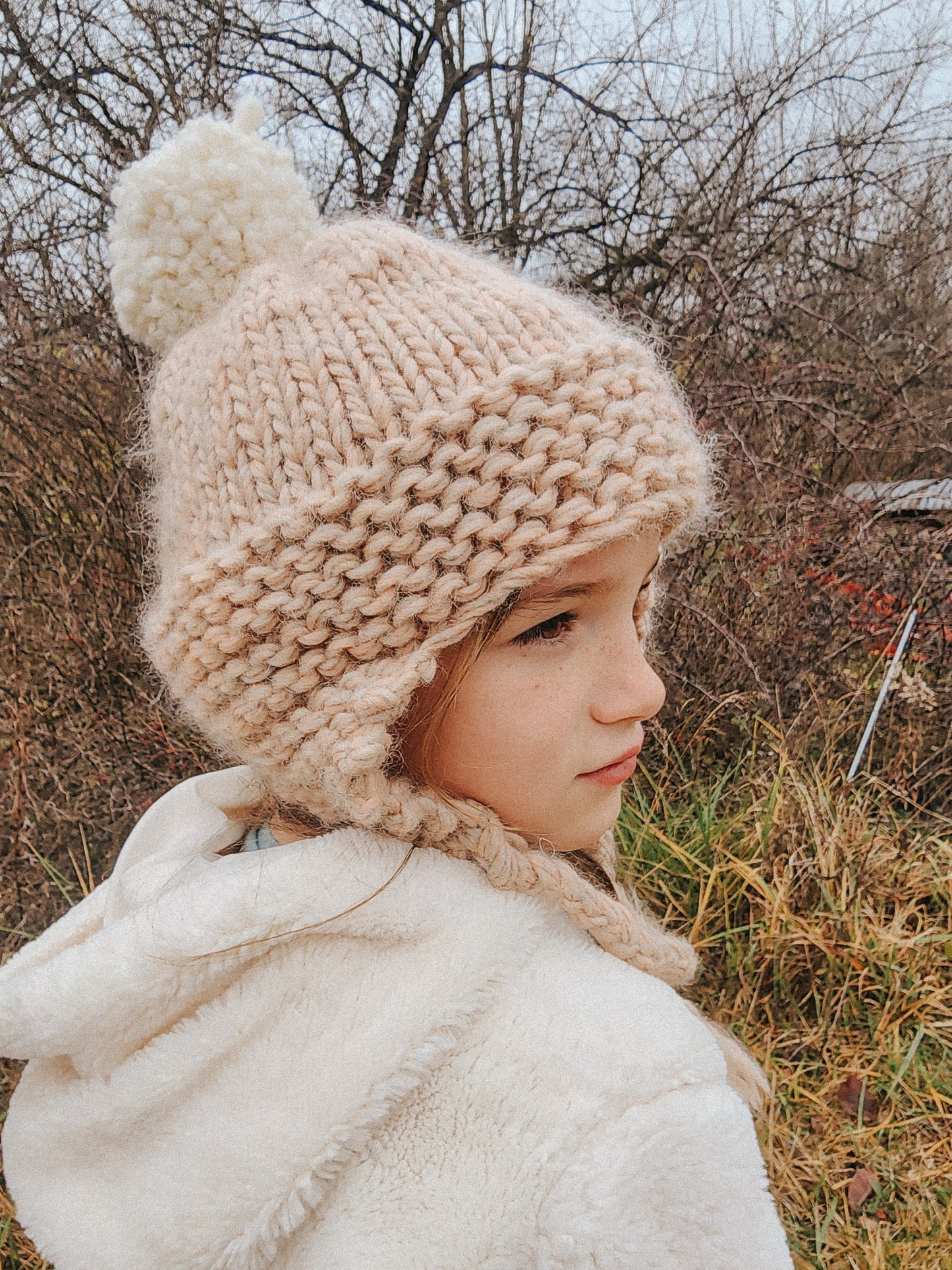 Hand Knit, Ear-Flap Toddler and Kids Hat with Yarn Pom Pom in {Pink Agate}