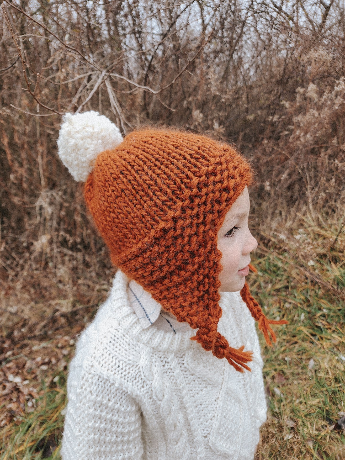 Hand Knit, Ear-Flap Toddler and Kids Hat with Yarn Pom Pom in {Canyon}