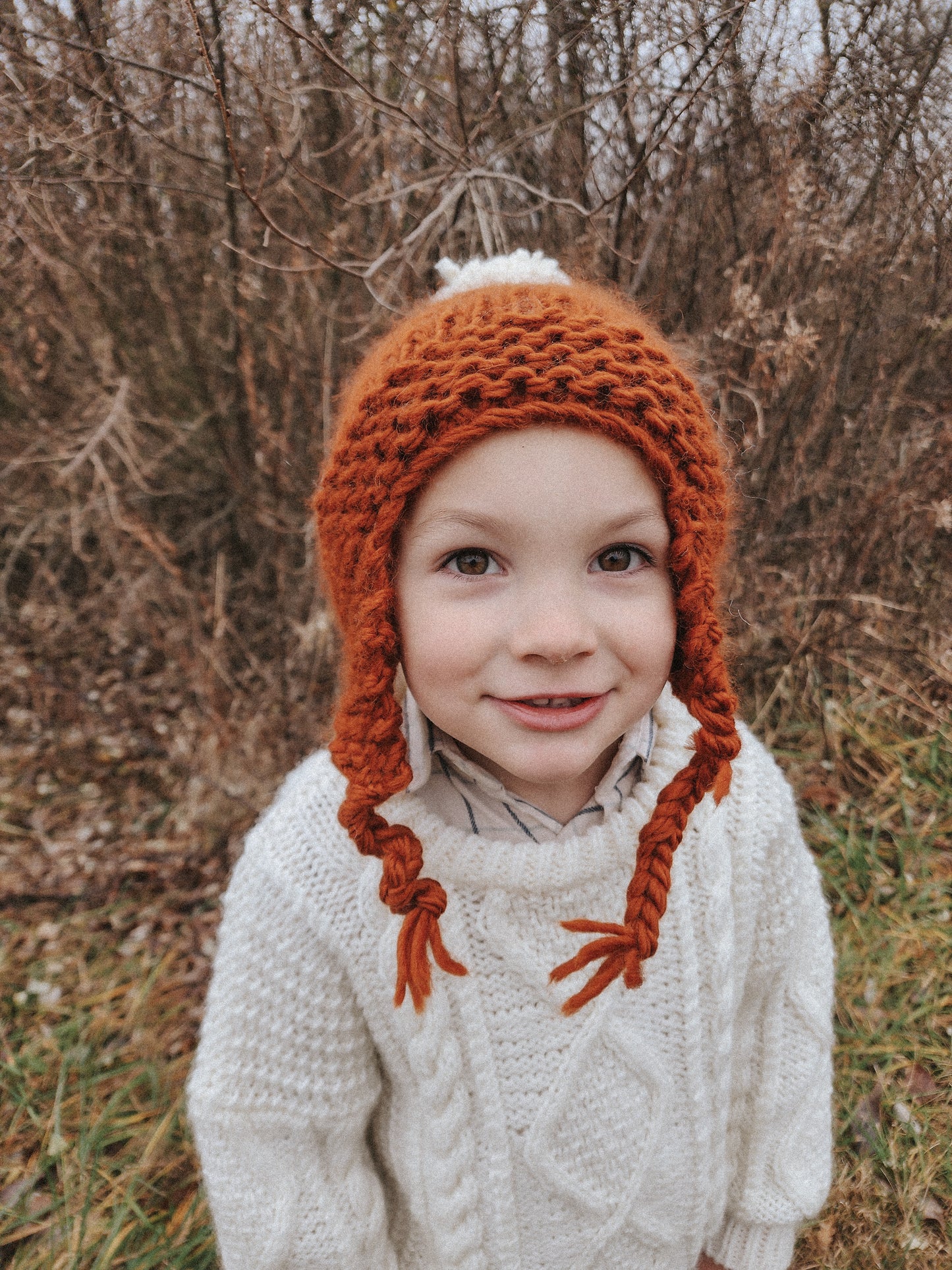 Hand Knit, Ear-Flap Toddler and Kids Hat with Yarn Pom Pom in {Canyon}