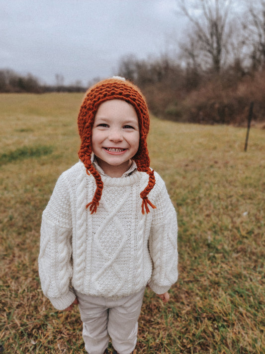 Hand Knit, Ear-Flap Toddler and Kids Hat with Yarn Pom Pom in {Canyon}