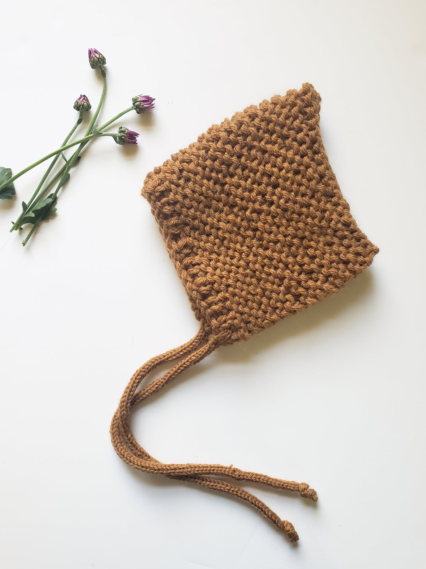 100% Wool, Garter Stitch Pixie Bonnet in {Camel}