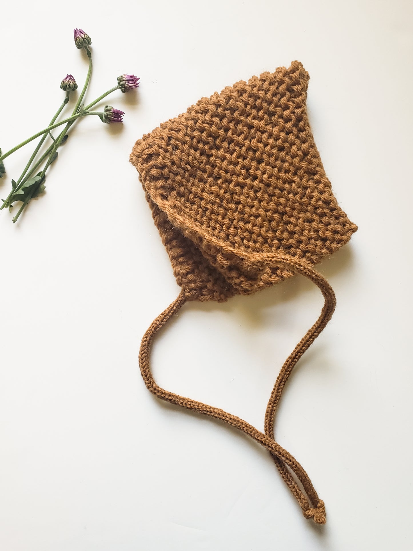 100% Wool, Garter Stitch Pixie Bonnet in {Camel}