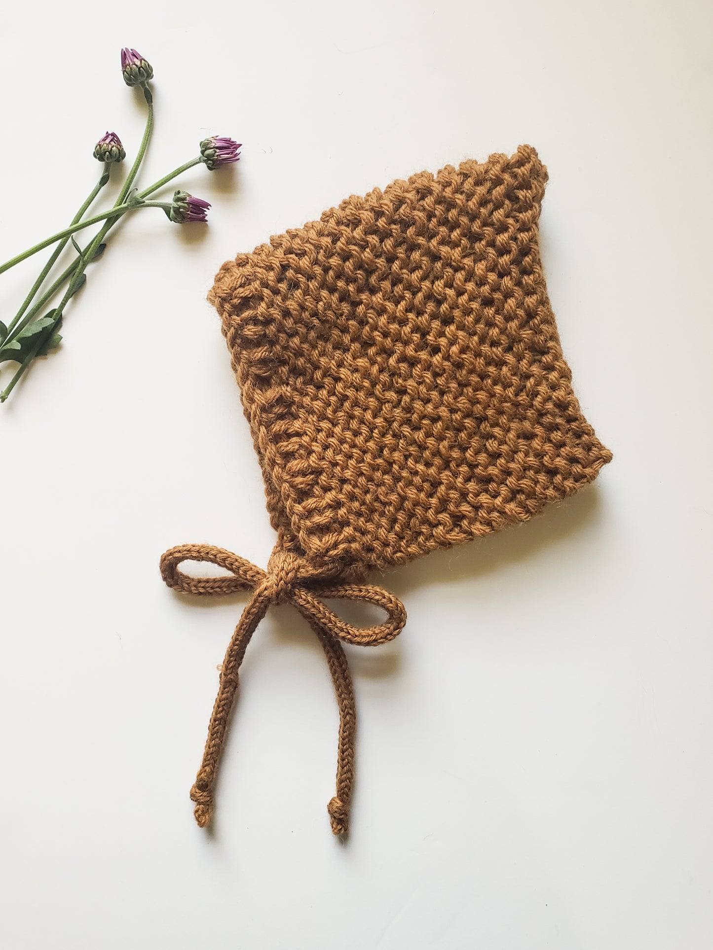 100% Wool, Garter Stitch Pixie Bonnet in {Camel}