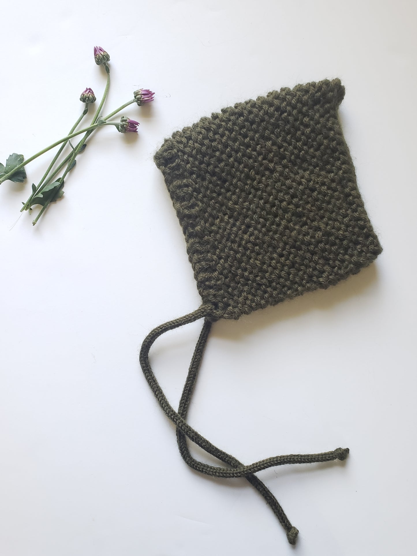 100% Wool, Garter Stitch Pixie Bonnet in {Forest Green}