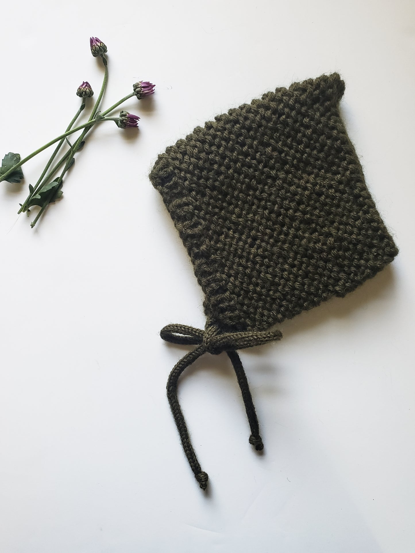 100% Wool, Garter Stitch Pixie Bonnet in {Forest Green}