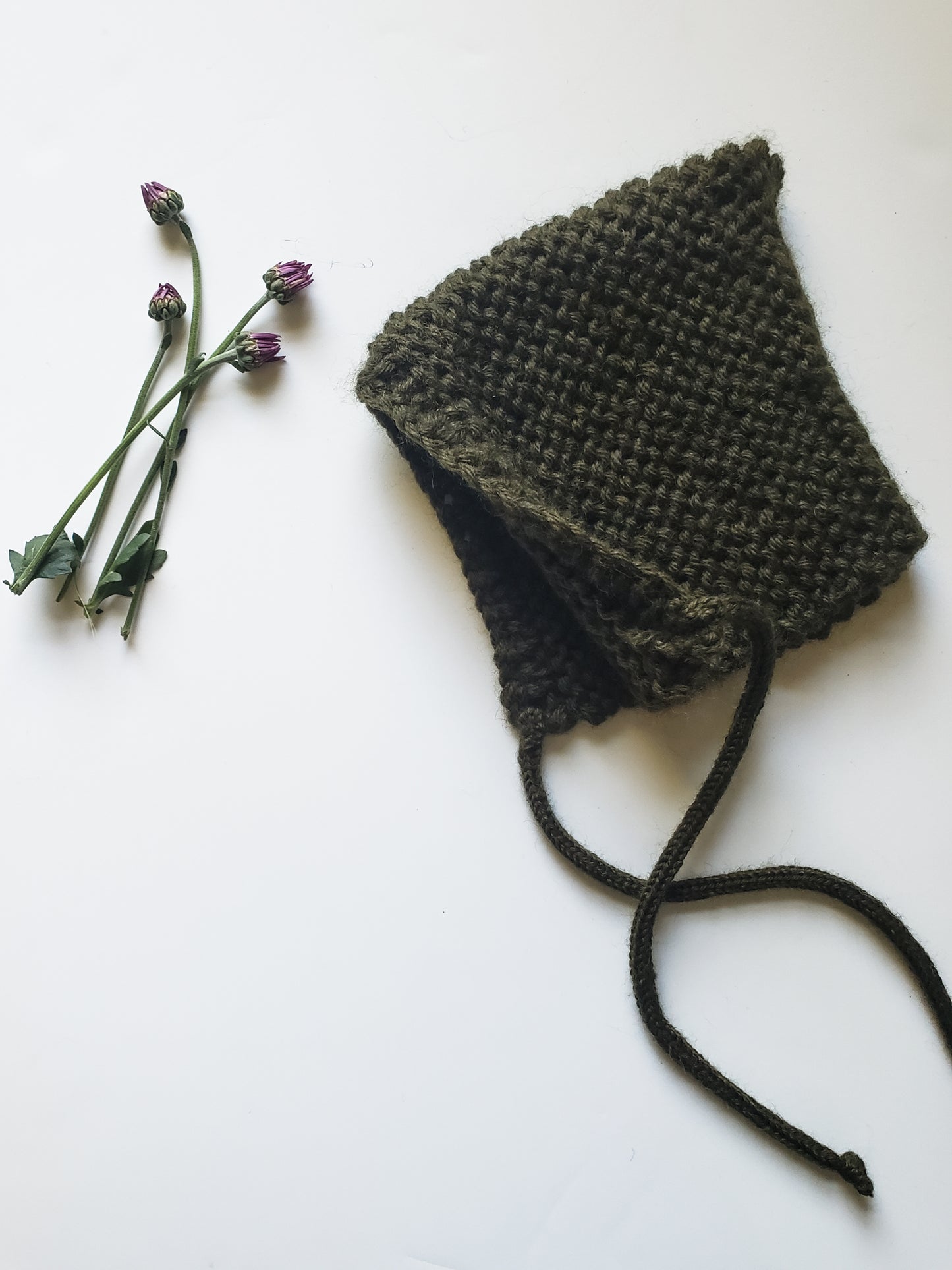 100% Wool, Garter Stitch Pixie Bonnet in {Forest Green}