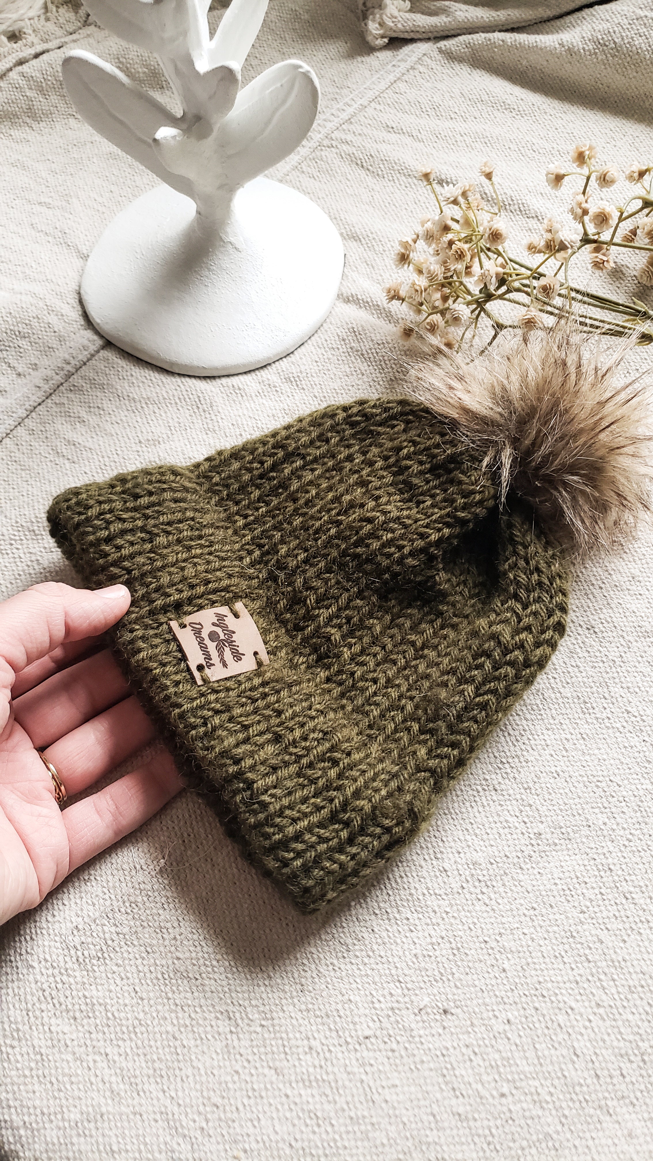 Authentic Handknit Foldover Brim Beanie w/Faux Fur Pom-Green/Gray/Cream