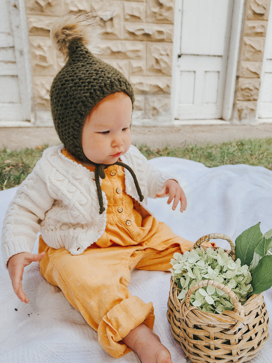 100% Wool, Garter Stitch Pixie Bonnet in {Forest Green}