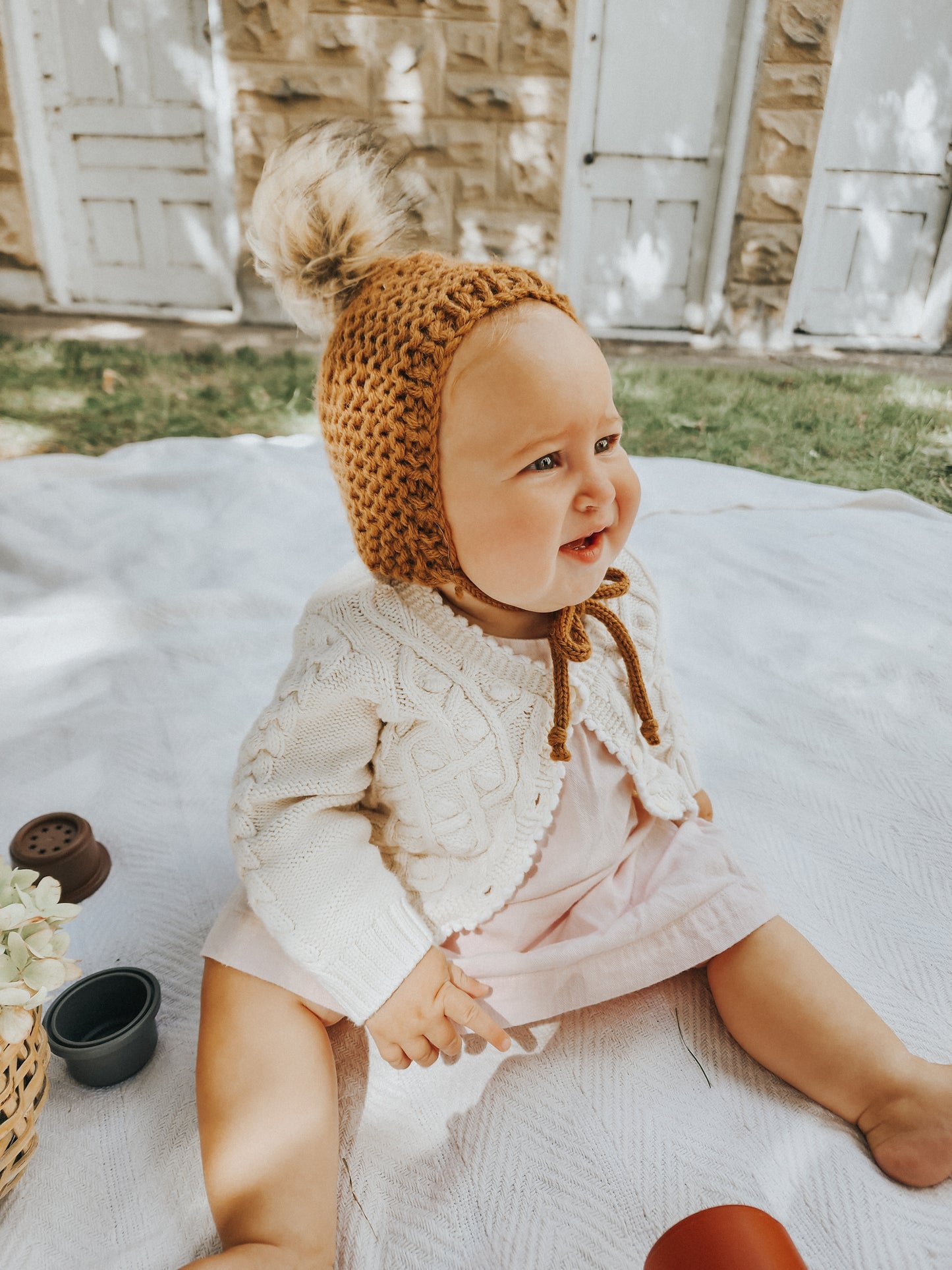 100% Wool, Garter Stitch Pixie Bonnet in {Camel}