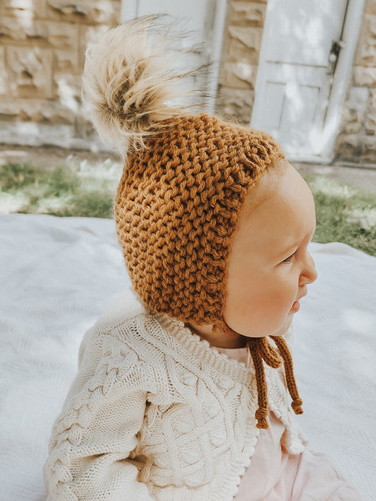 100% Wool, Garter Stitch Pixie Bonnet in {Camel}