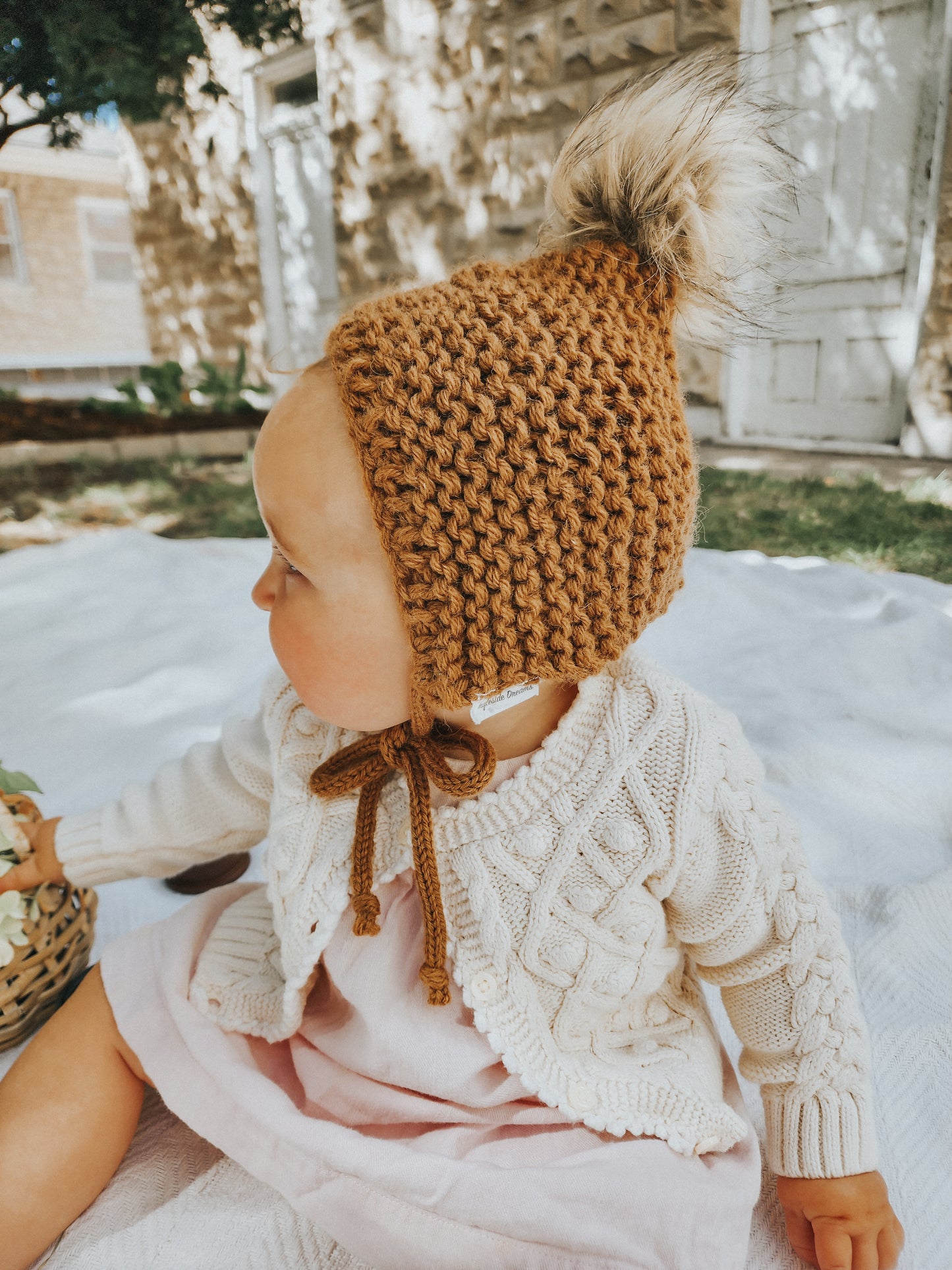 100% Wool, Garter Stitch Pixie Bonnet in {Camel}