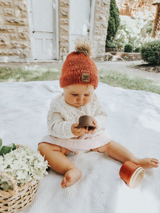 Double Brim Hand Knit Baby Beanie, 100 % Wool in {Clay}