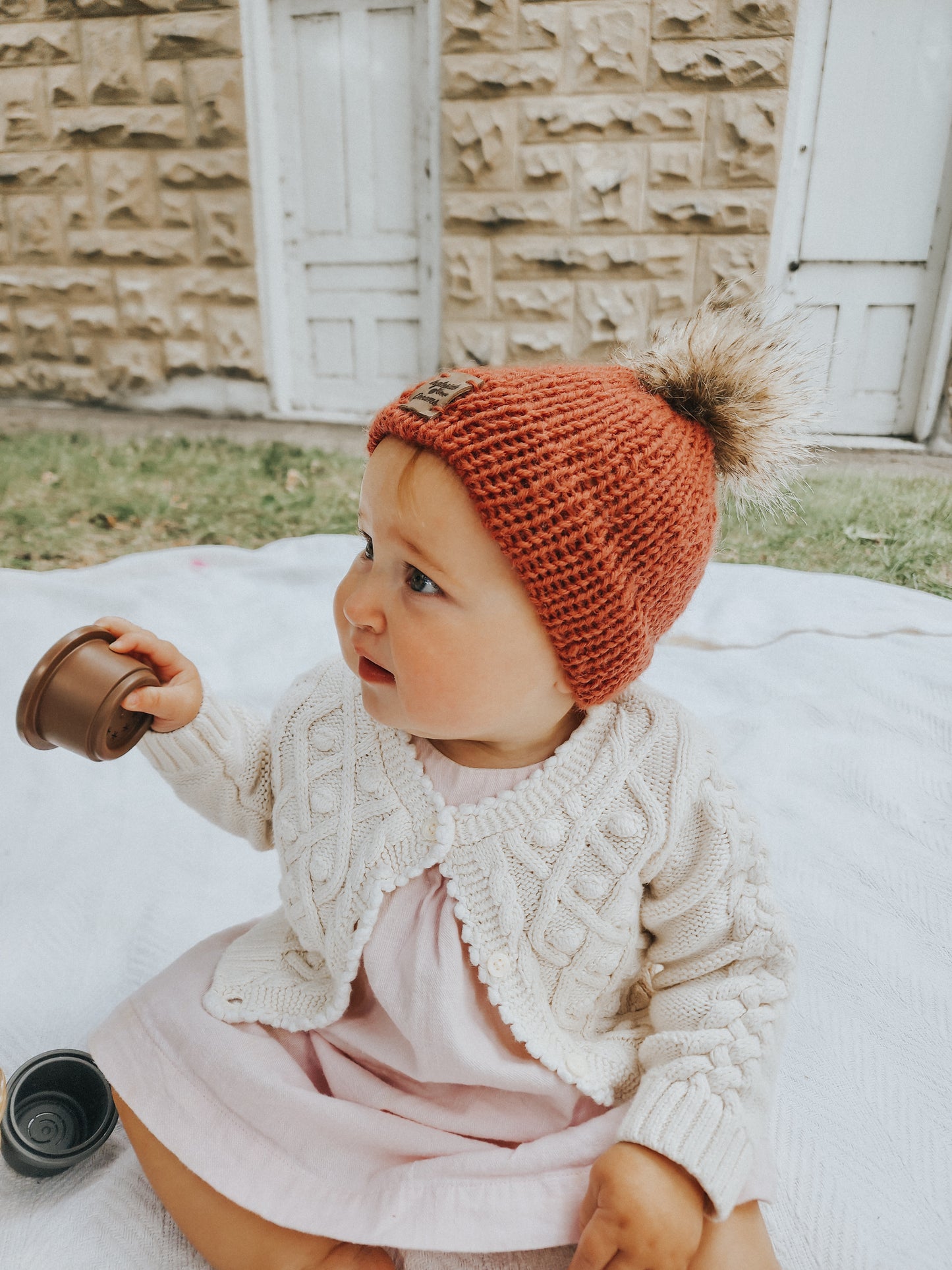 Double Brim Hand Knit Baby Beanie, 100 % Wool in {Clay}