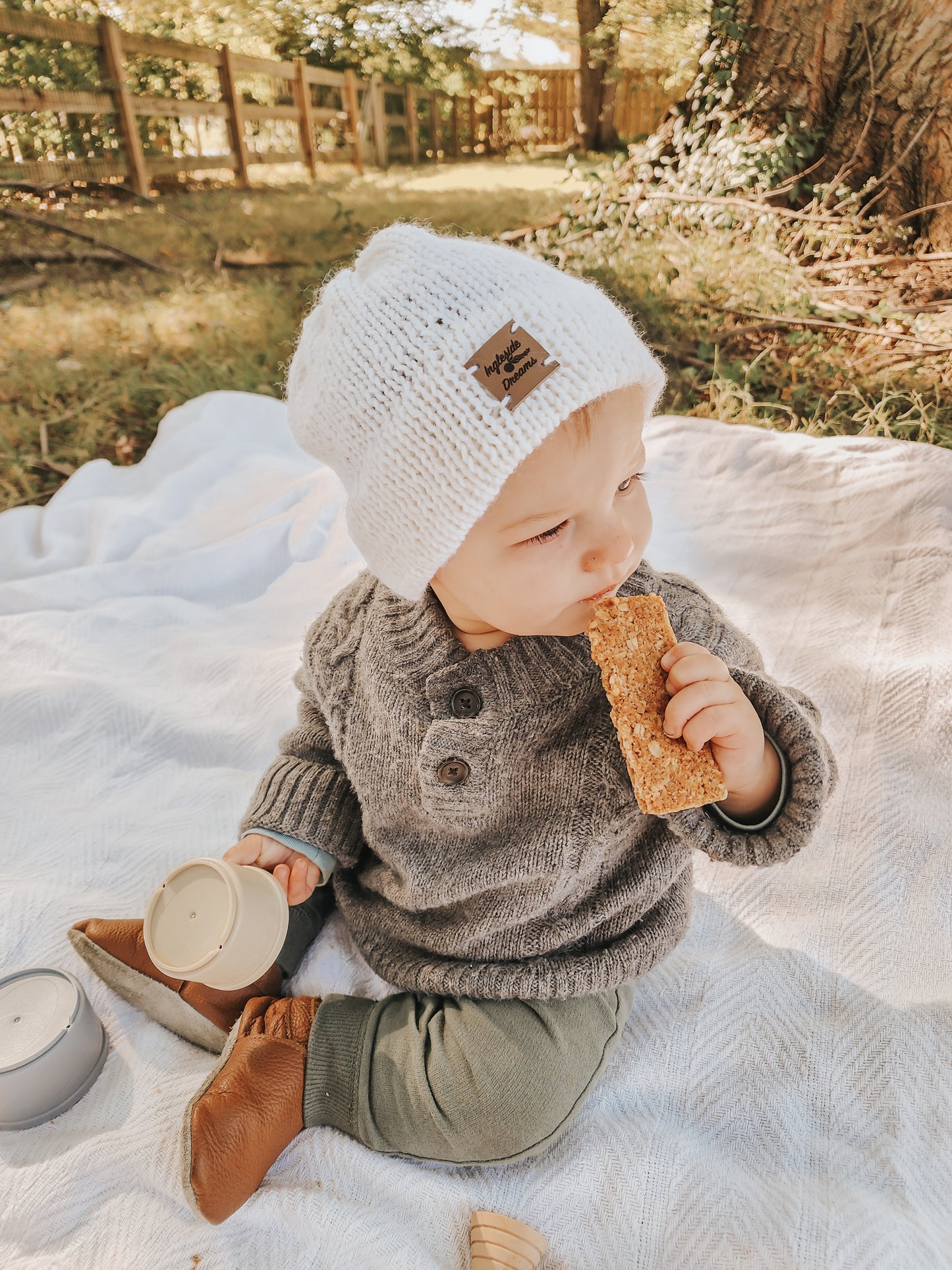 Double Brim Hand Knit Baby Beanie, 100 % Wool in {Creamy White}